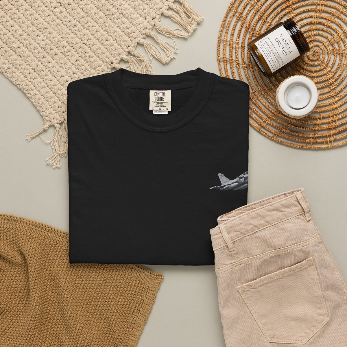 Jet Fighter Pocket T‑Shirt — Minimal Military Aircraft Graphic