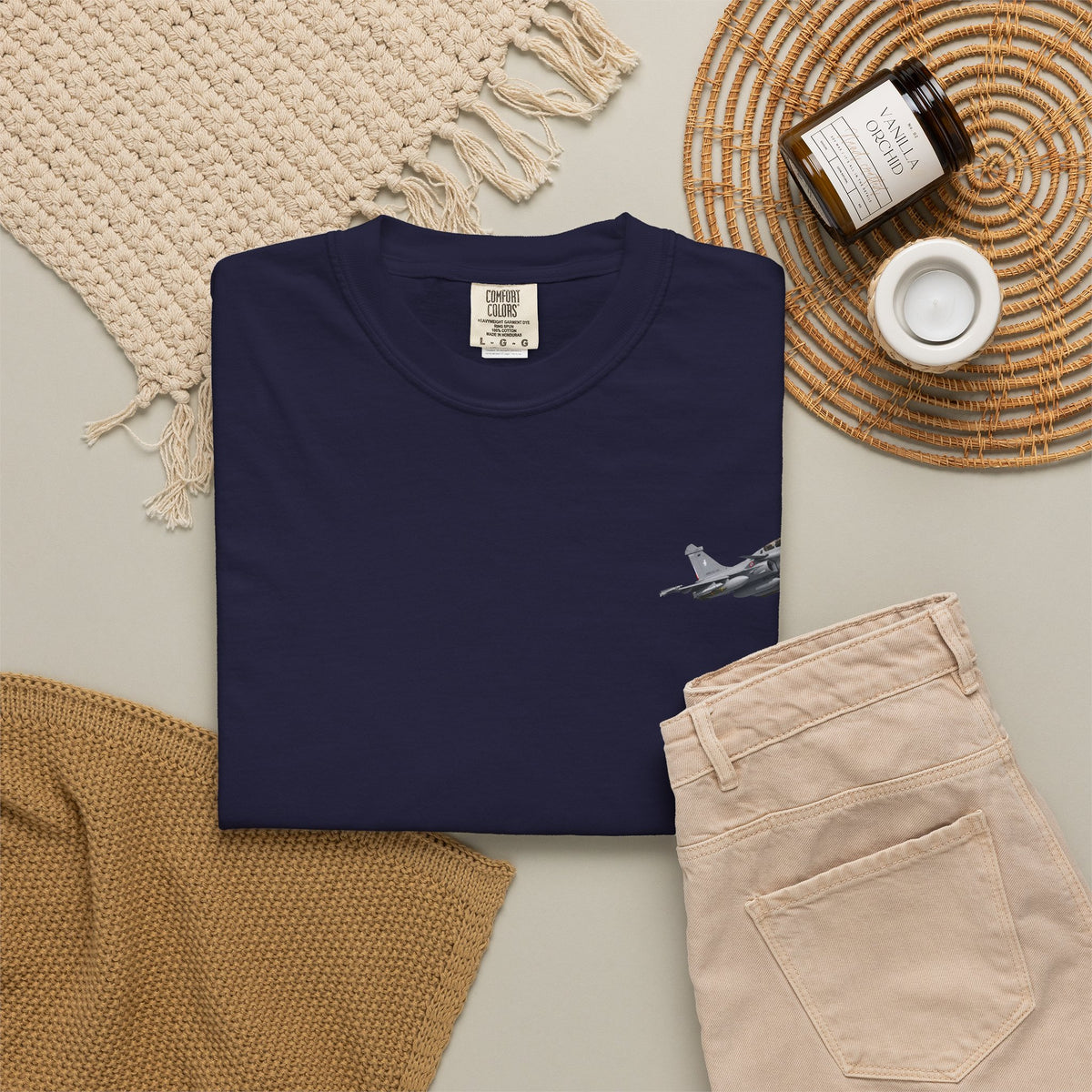 Jet Fighter Pocket T‑Shirt — Minimal Military Aircraft Graphic