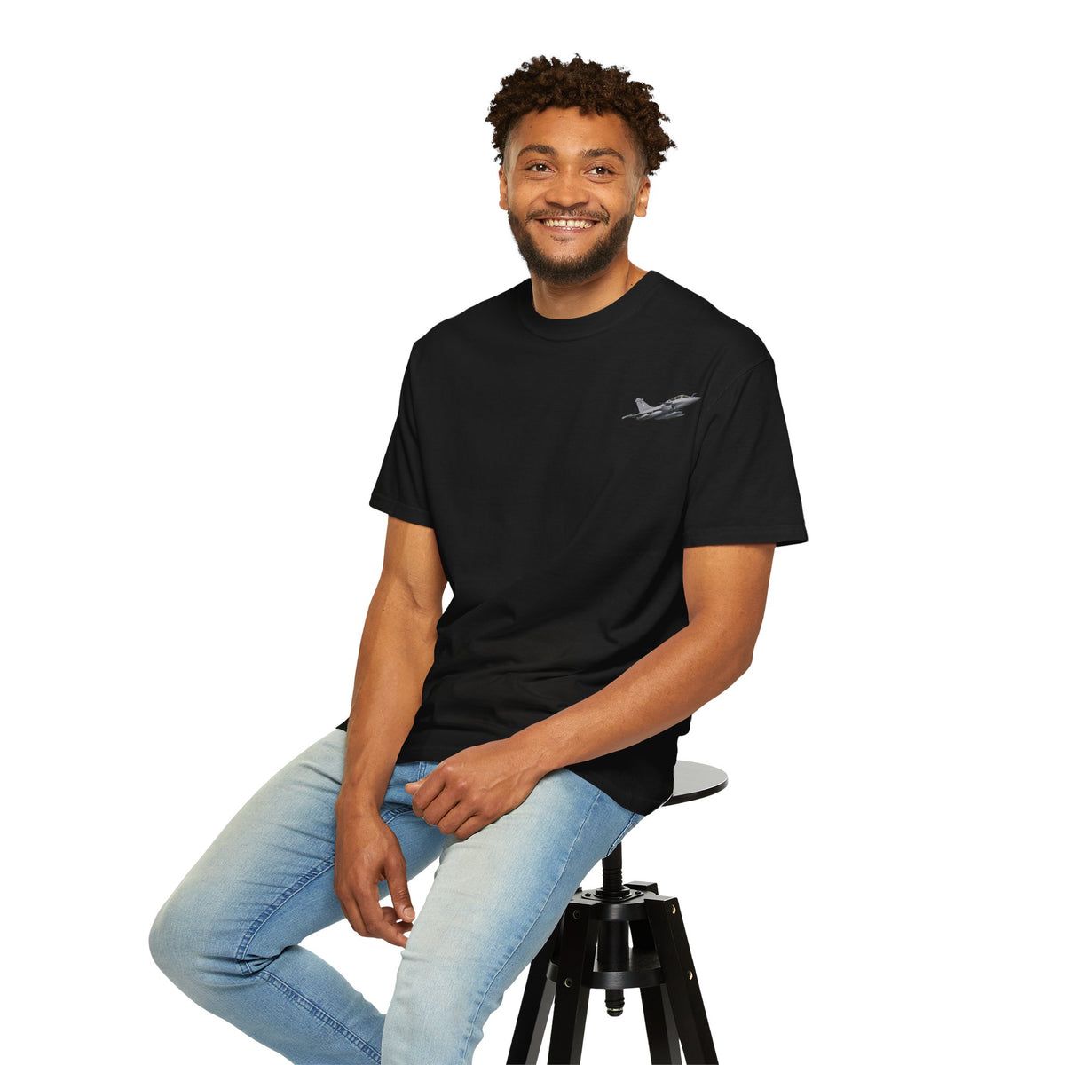 Jet Fighter Pocket T‑Shirt — Minimal Military Aircraft Graphic