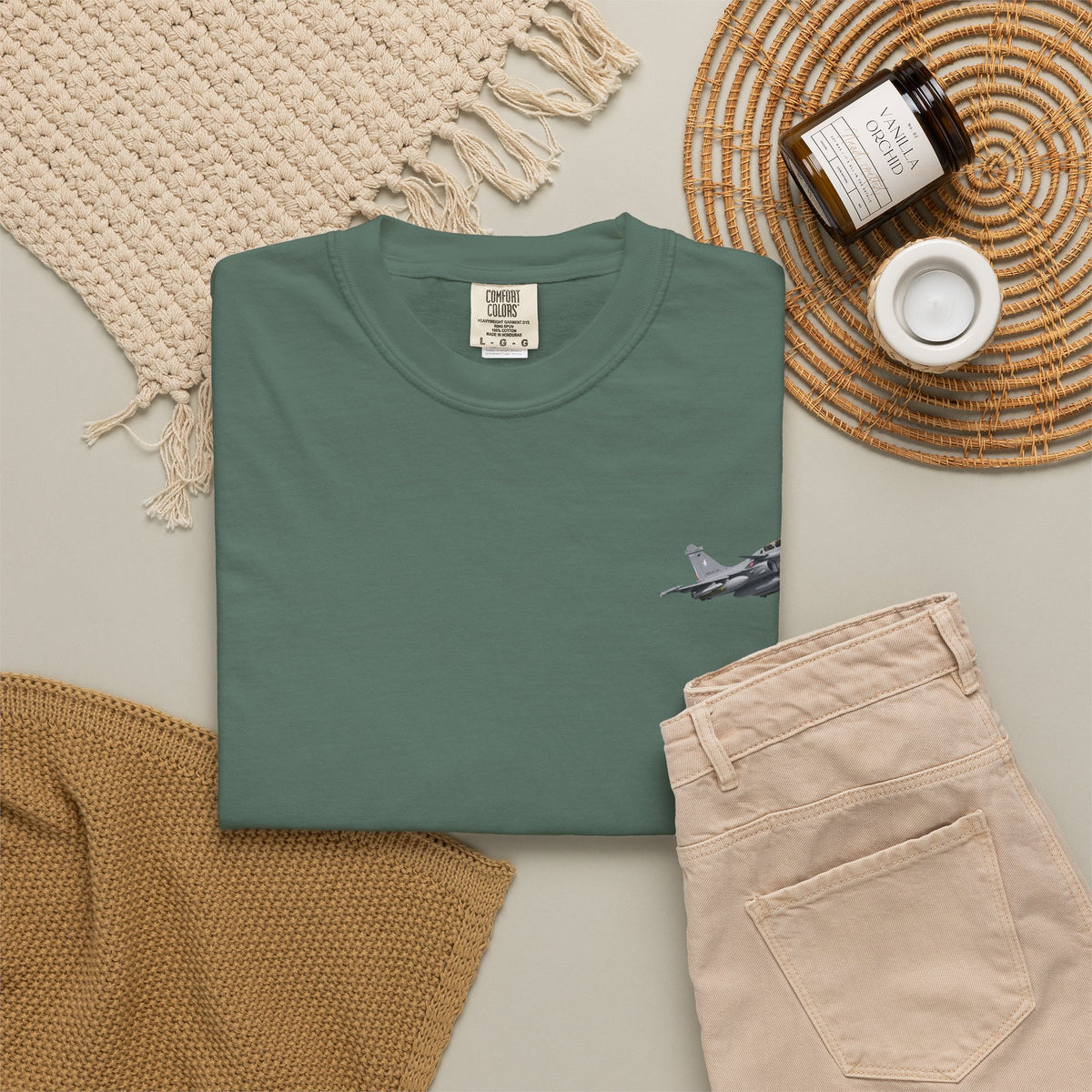 Jet Fighter Pocket T‑Shirt — Minimal Military Aircraft Graphic